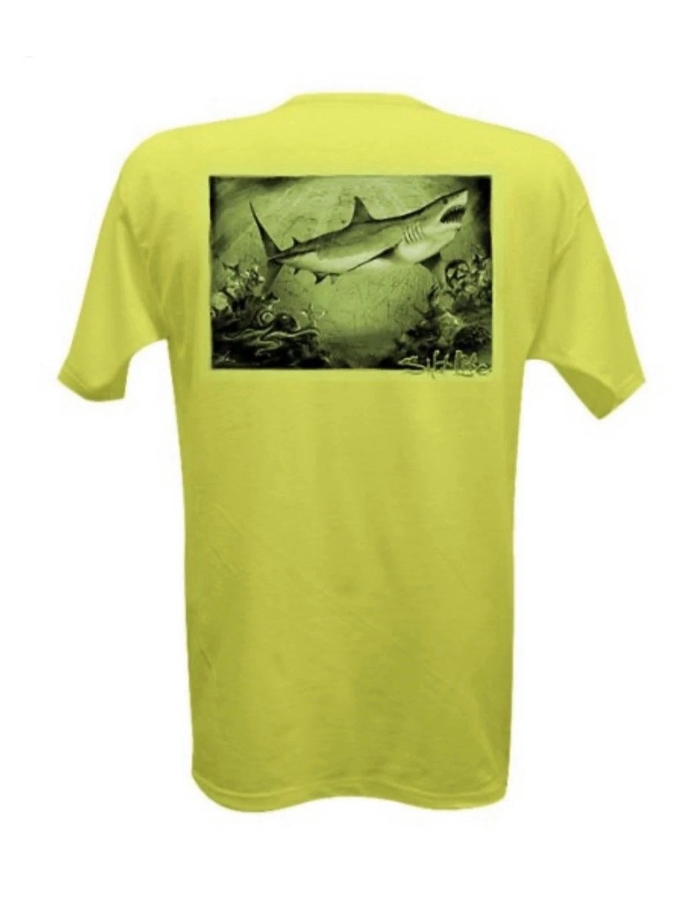 Men's Yellow Lime Salt Life Great White Shark Pocket Tee Small Preshrunk Cotton